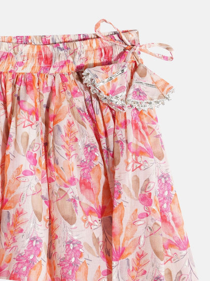 Straight Style Cotton Fabric Peach Color Printed Lehenga Choli