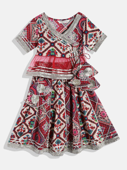 Frilled Style Cotton Red Printed Lehenga Choli
