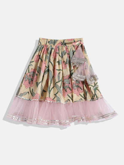 One Shoulder Style Cotton Fabric Cream Color Choli With Attached Dupatta And Frilled Lehenga