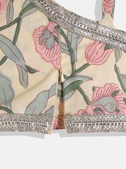 One Shoulder Style Cotton Fabric Cream Color Choli With Attached Dupatta And Frilled Lehenga