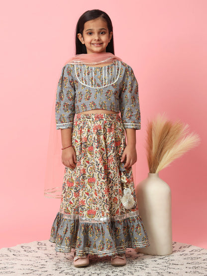 Straight Style Grey Color Cotton Fabric Choli With Lehenga And Dupatta
