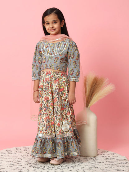 Straight Style Grey Color Cotton Fabric Choli With Lehenga And Dupatta