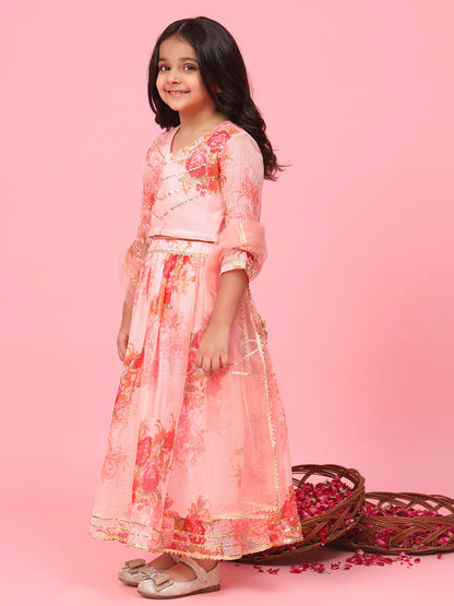 Straight Style Peach Color Kota Doria Fabric Choli And Lehenga With Dupatta