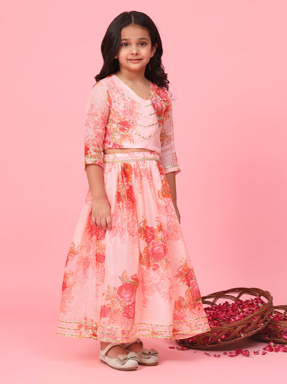 Straight Style Peach Color Kota Doria Fabric Choli And Lehenga With Dupatta