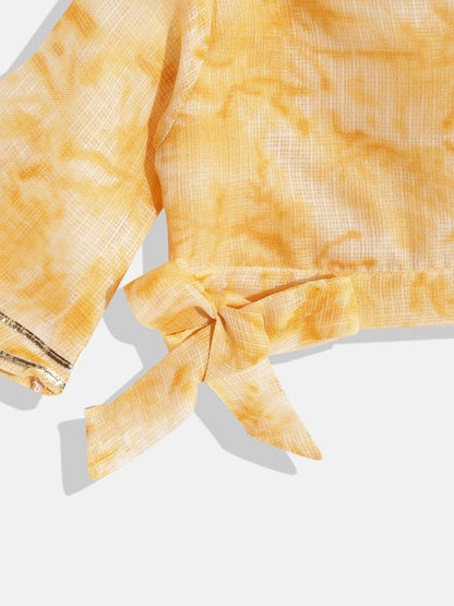 Straight Style Mustard Color Kota Doria Fabric Choli With Lehenga