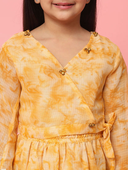 Straight Style Mustard Color Kota Doria Fabric Choli With Lehenga