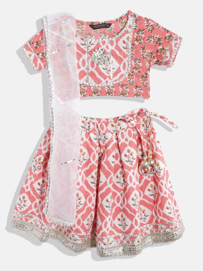 Straight Style Pink Color Cotton Fabric Choli With Lehenga And White Color Dupatta