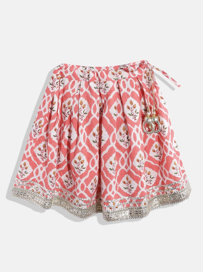 Straight Style Pink Color Cotton Fabric Choli With Lehenga And White Color Dupatta