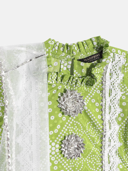 Straight Style Green Color Cotton Fabric Choli With Lehenga And Dupatta