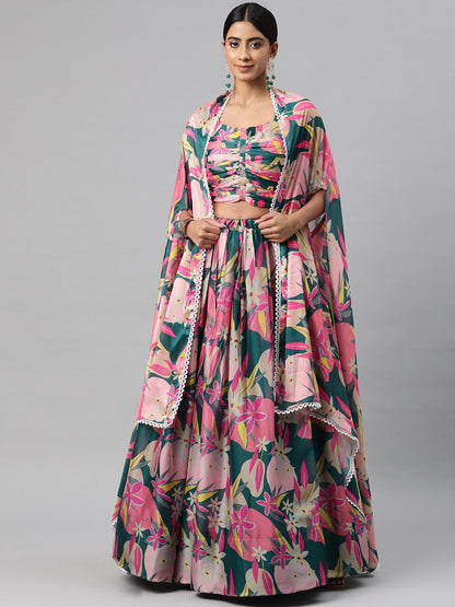 Georgette Fabric Green Color Lehenga, Choli With Jacket