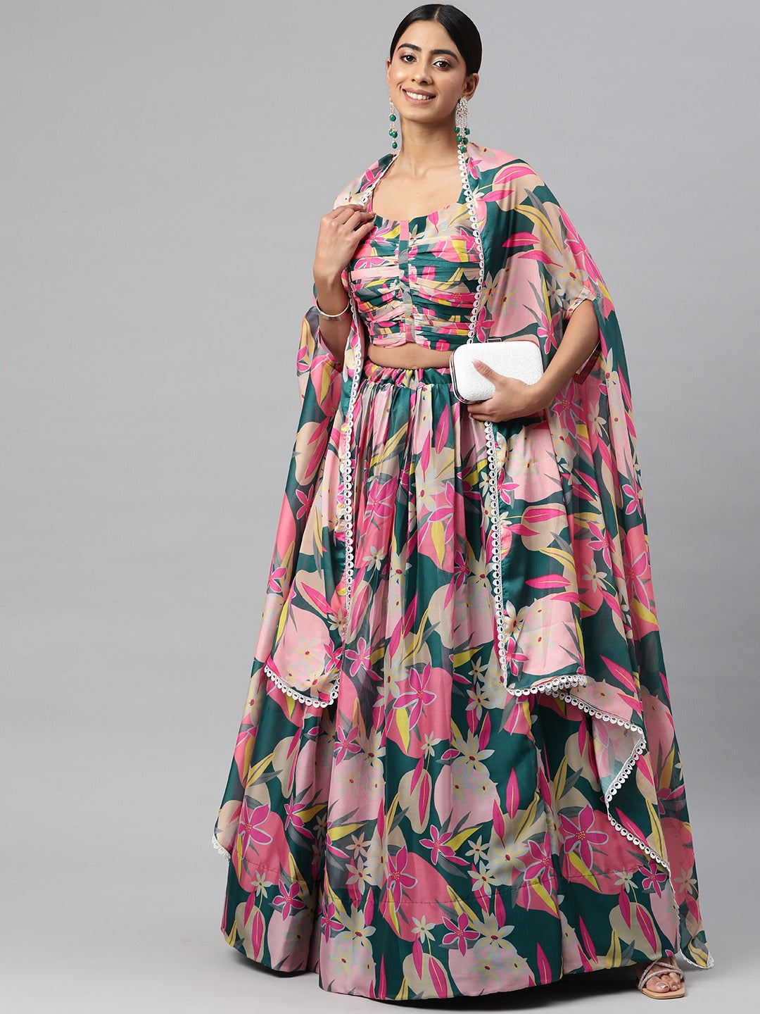 Georgette Fabric Green Color Lehenga, Choli With Jacket