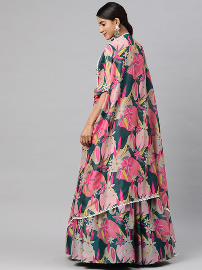 Georgette Fabric Green Color Lehenga, Choli With Jacket