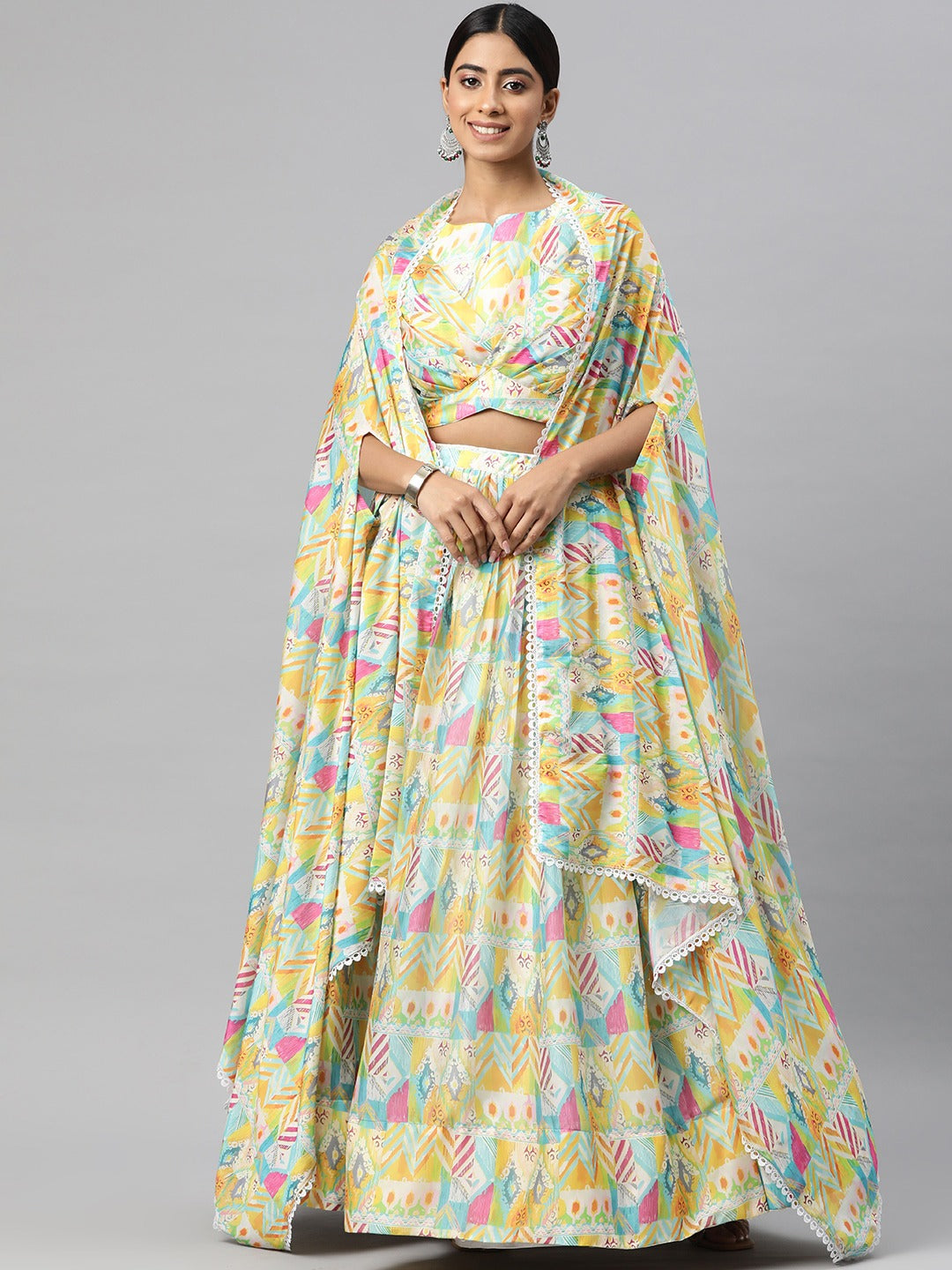 Georgette Fabric Yellow Color Lehenga, Choli With Jacket