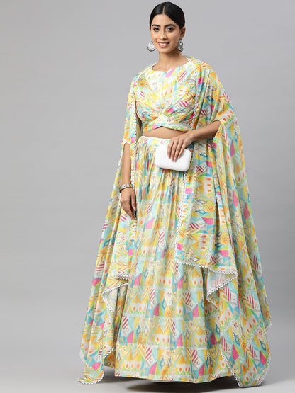 Georgette Fabric Yellow Color Lehenga, Choli With Jacket