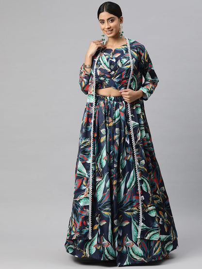 Georgette Fabric Navy Blue Color Lehenga, Choli With Jacket