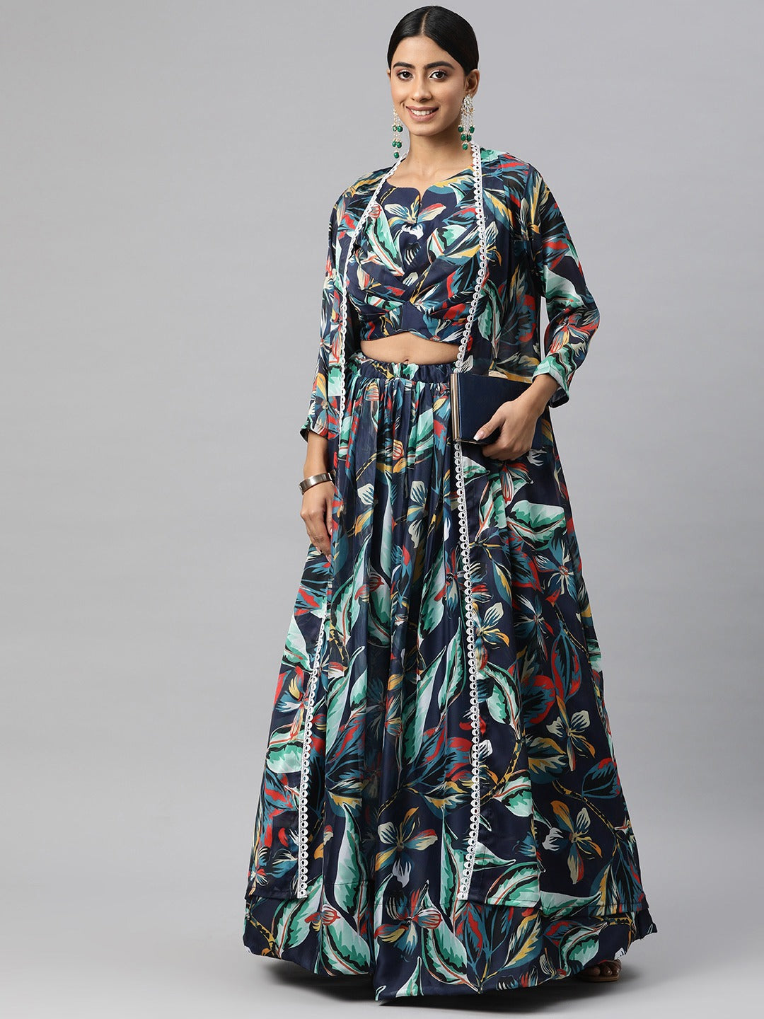 Georgette Fabric Navy Blue Color Lehenga, Choli With Jacket