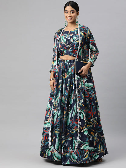 Georgette Fabric Navy Blue Color Lehenga, Choli With Jacket