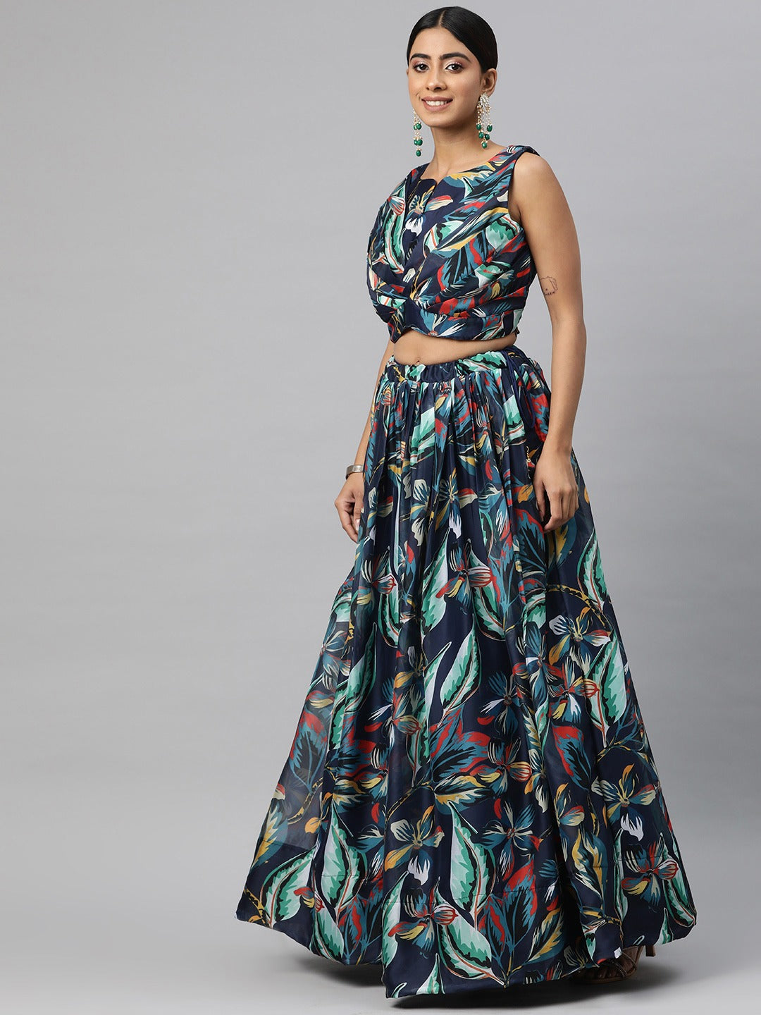 Georgette Fabric Navy Blue Color Lehenga, Choli With Jacket