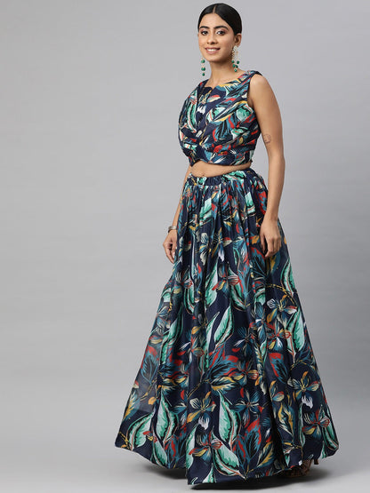 Georgette Fabric Navy Blue Color Lehenga, Choli With Jacket