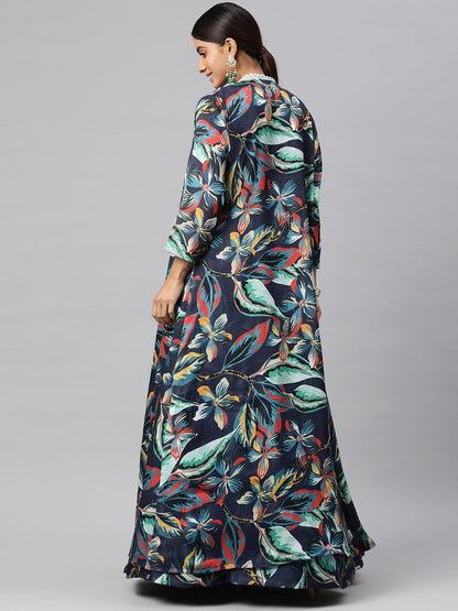 Georgette Fabric Navy Blue Color Lehenga, Choli With Jacket