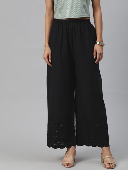 Straight Style Cotton Fabric Black Color Palazzo
