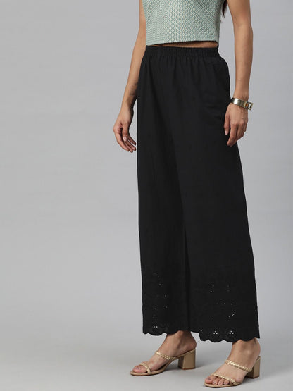 Straight Style Cotton Fabric Black Color Palazzo