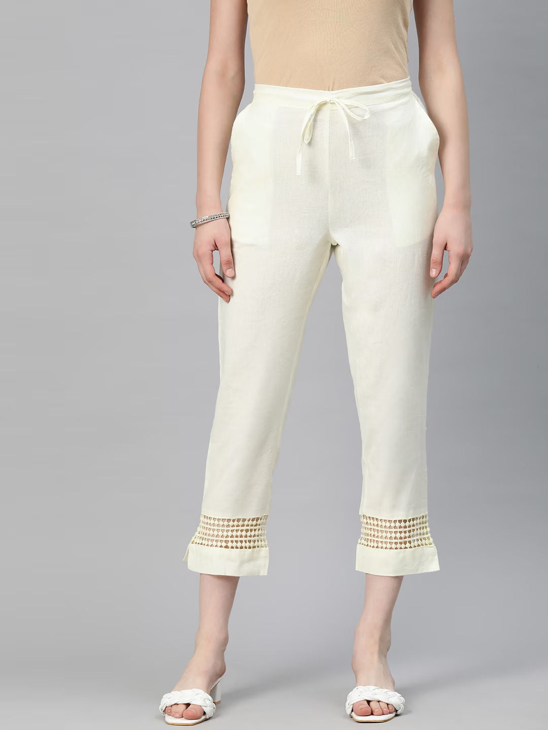 Straight Style Cotton Fabric Off White Color Trouser