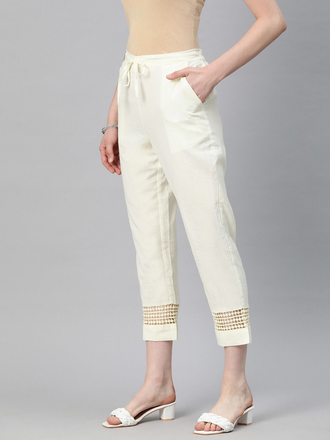 Straight Style Cotton Fabric Off White Color Trouser
