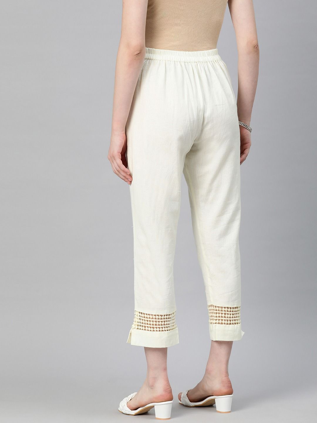 Straight Style Cotton Fabric Off White Color Trouser
