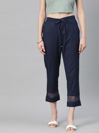Straight Style Cotton Fabric Navy Blue Color Trouser