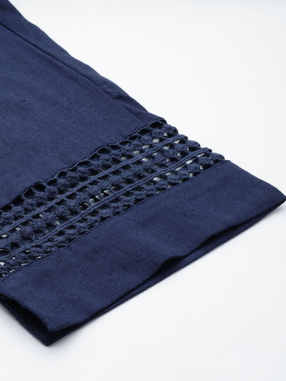 Straight Style Cotton Fabric Navy Blue Color Trouser