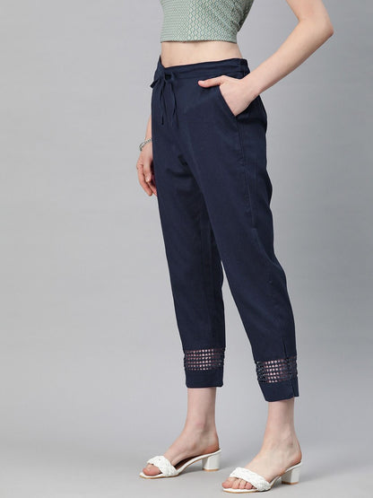 Straight Style Cotton Fabric Navy Blue Color Trouser