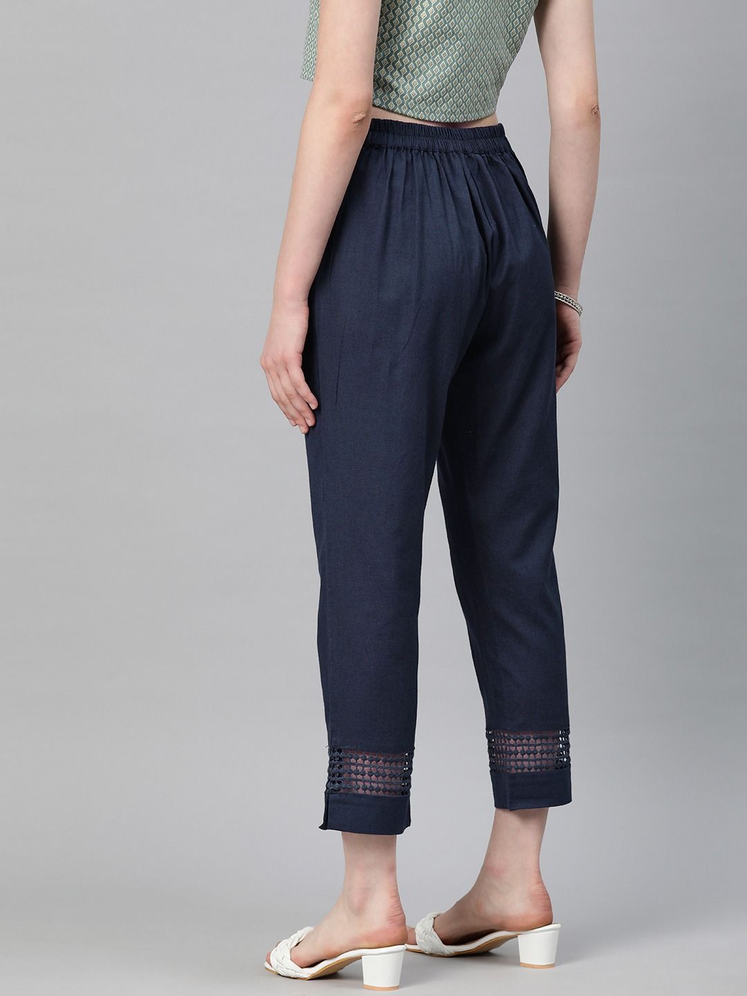 Straight Style Cotton Fabric Navy Blue Color Trouser
