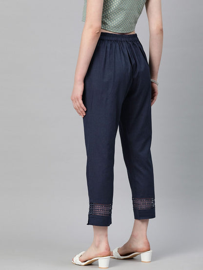 Straight Style Cotton Fabric Navy Blue Color Trouser