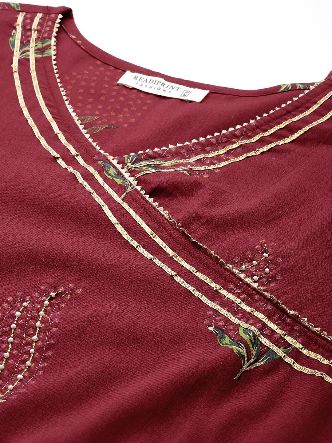 Anarkali Style Cotton Fabric Maroon Color Kurti