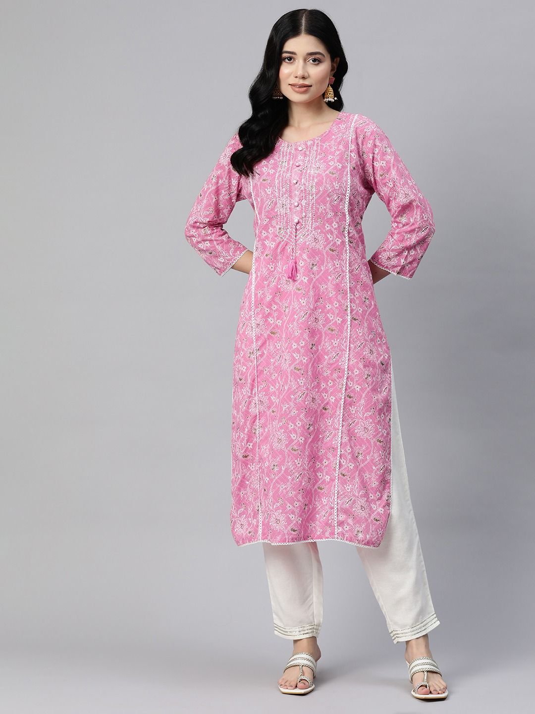 Straight Style Cotton Fabric Pink Color Kurti
