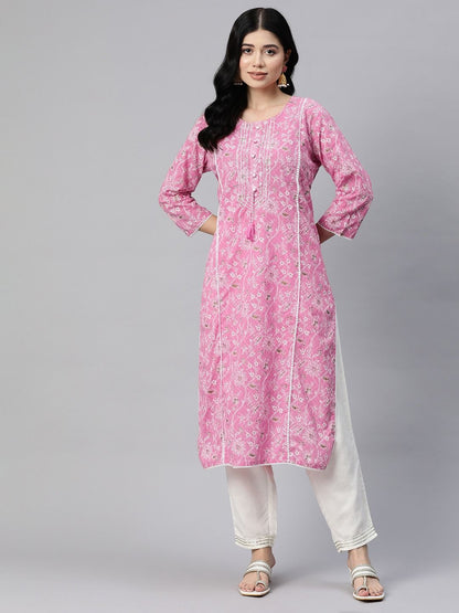 Straight Style Cotton Fabric Pink Color Kurti
