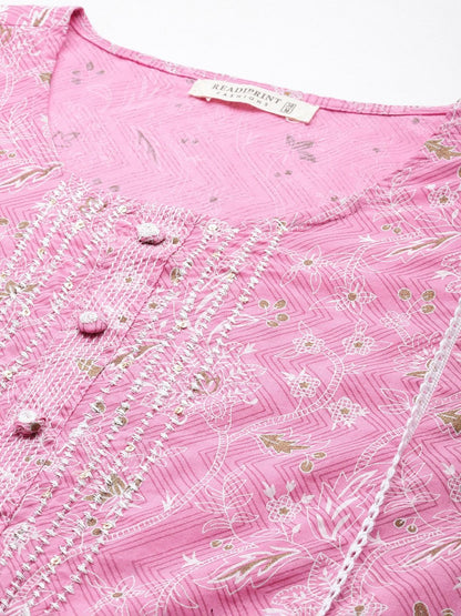 Straight Style Cotton Fabric Pink Color Kurti