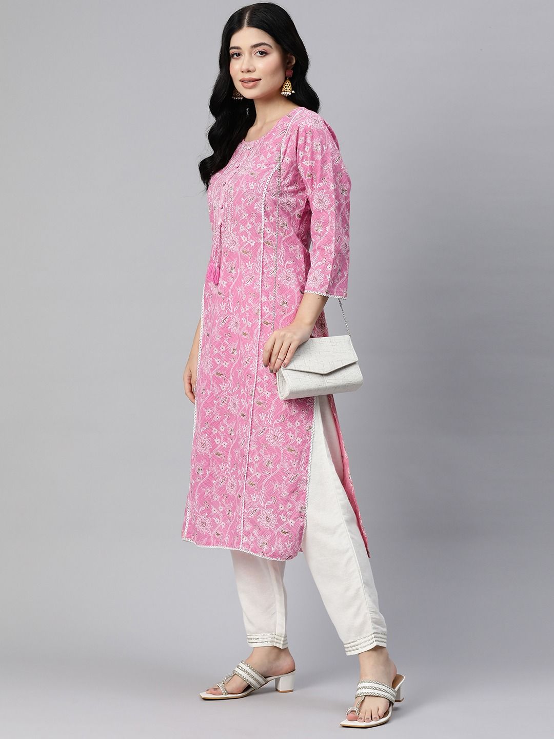 Straight Style Cotton Fabric Pink Color Kurti