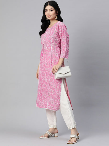 Straight Style Cotton Fabric Pink Color Kurti
