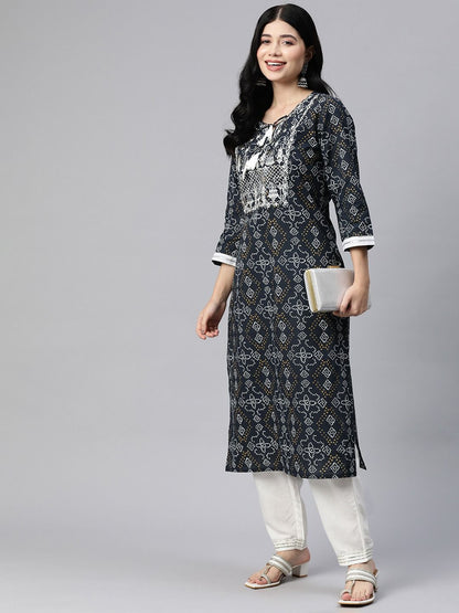 Straight Style Cotton Fabric Navy Blue Color Kurti