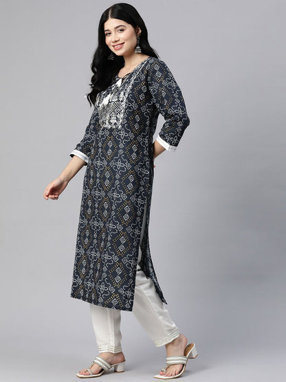 Straight Style Cotton Fabric Navy Blue Color Kurti