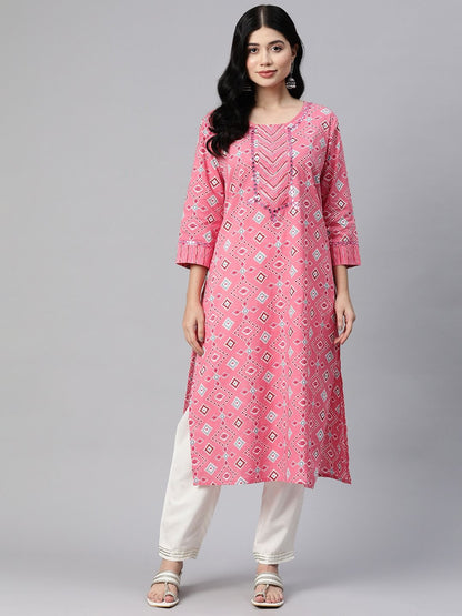 Straight Style Cotton Fabric Pink Color Kurti