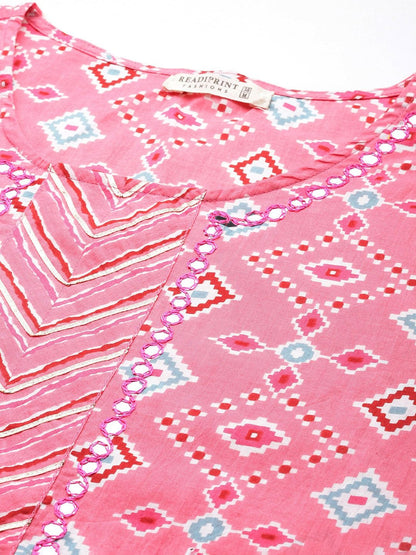 Straight Style Cotton Fabric Pink Color Kurti