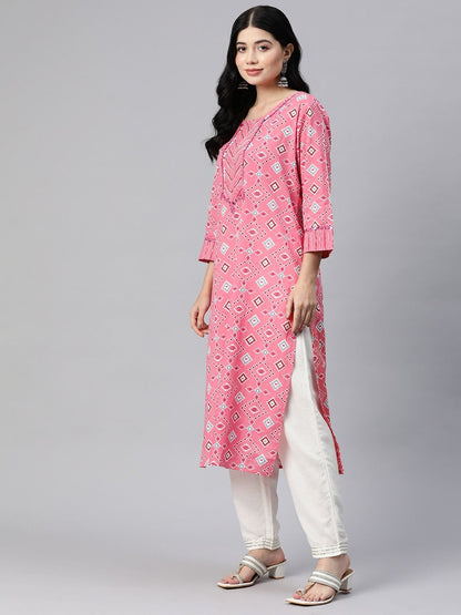 Straight Style Cotton Fabric Pink Color Kurti