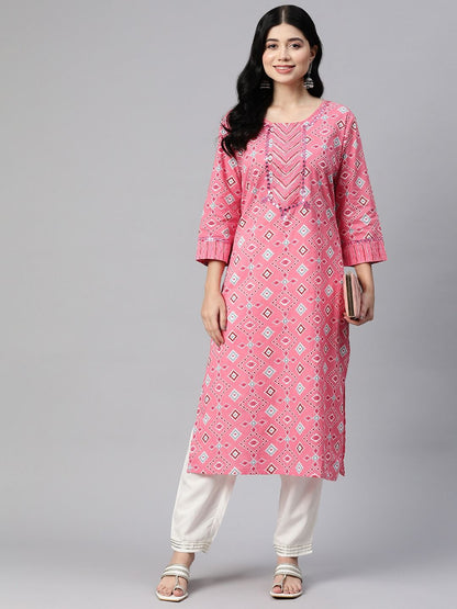 Straight Style Cotton Fabric Pink Color Kurti