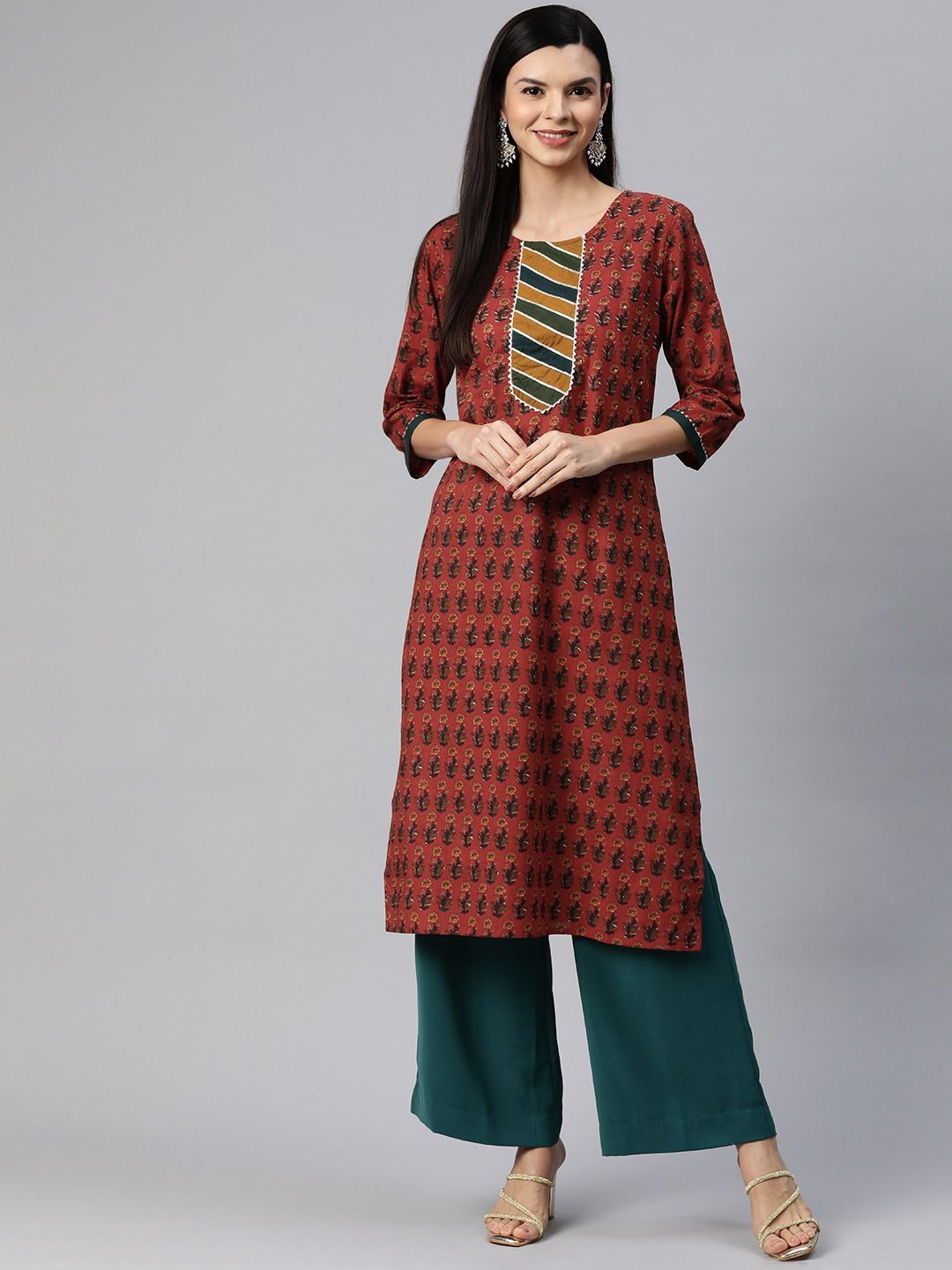 Straight Style Cotton Fabric Maroon Color Kurti