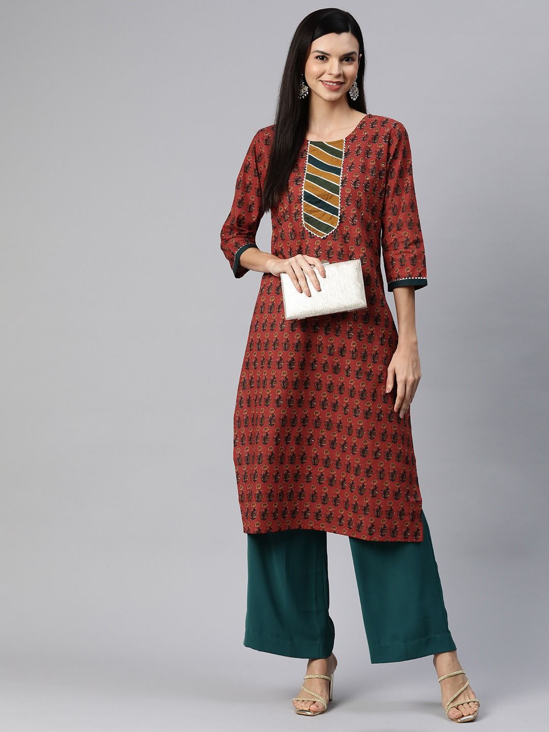 Straight Style Cotton Fabric Maroon Color Kurti