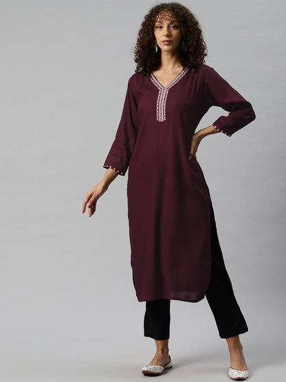 Straight Style Rayon Fabric Burgundy Color Kurta