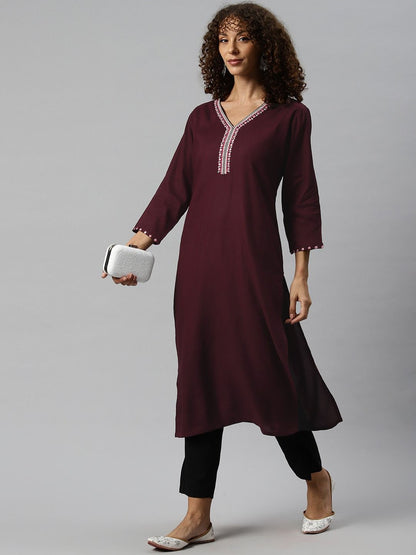 Straight Style Rayon Fabric Burgundy Color Kurta